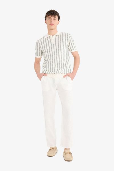 DeFacto 100% Linen Relax Fit Comfortable Cut Straight Leg Summer White Trousers C1117Ax25Sp