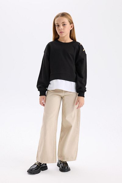DeFacto Pantaloni largi din bumbac bej pentru fete - C8777a824au cu buzunare