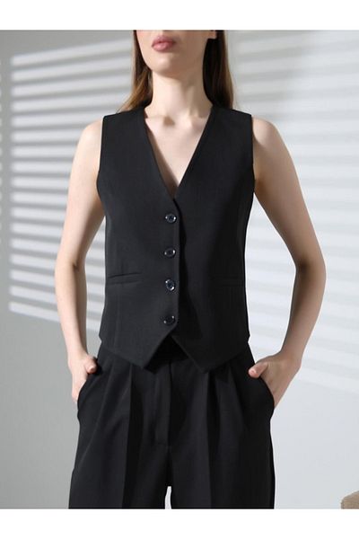 Melek Bebeğim Women's Black Plain Buttoned Vest