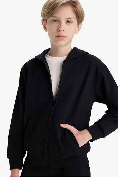 DeFacto Basic-Schul-Cardigan für Jungen, einfarbig, schwarz, mit Kapuze und Reißverschlusstasche 3124272