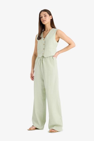 DeFacto Linen Blend Trousers Wide Leg Wide Loose Leg with Pockets Basic Plain Regular Waist Standard Size D1010Ax25S