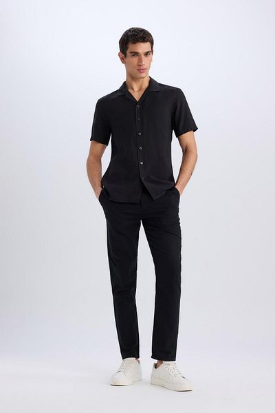 DeFacto 100% bumbac, cu aspect de in, pantaloni cu talie elastică, slim fit, slim, cu buzunare, picior drept D2671AX25SM