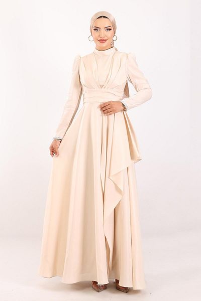 Olcay Ärmel Mund Stein bestickt Falten und Schwungrad detaillierte Taft Satin Hijab Abendkleid CREAM 1215