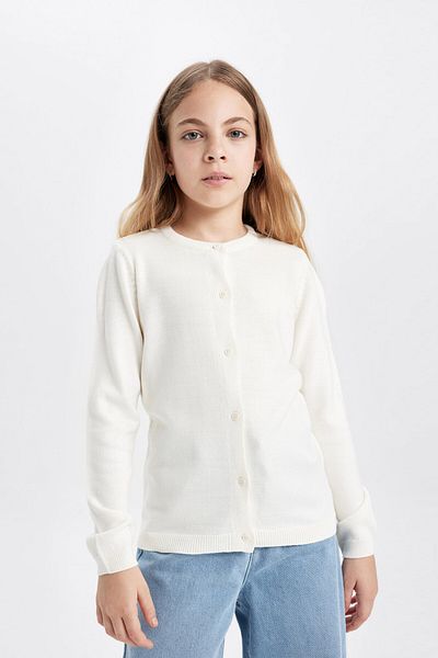 DeFacto Girl's White Crew Neck Knitwear School Cardigan N8407A623Au