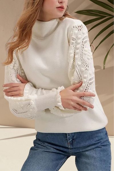 hanope Tricotaj de damă cu mâneci Pulover alb cu detaliu tricot elegant