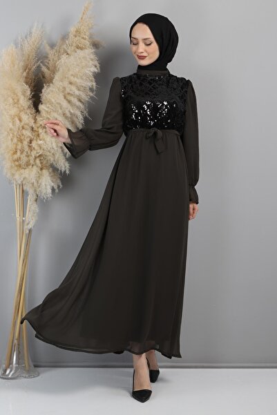 Modamihram Вечерна рокля от шифон с пайети, цвят каки 15600