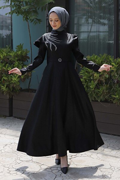 Modamihram Stoned Burning Pattern Abendkleid Schwarz 11403