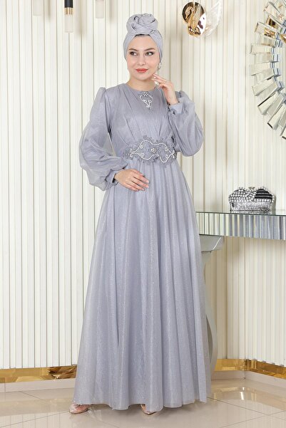 Modamihram Drapiertes glitzerndes Abendkleid mit Perlendetails Grau 19189