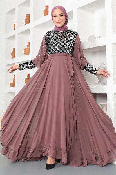 Modamihram Шифонена вечерна рокля с пайети Dusty Rose 19107
