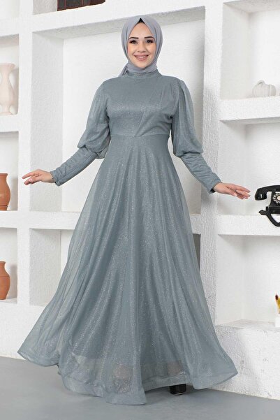 Modamihram Silbriges Abendkleid mit Reißverschluss-Manschetten-Detail, Grau 12253