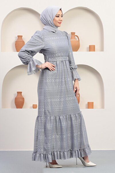 Modamihram Dlouhé večerní šaty s krajkovými detaily šedé 12239