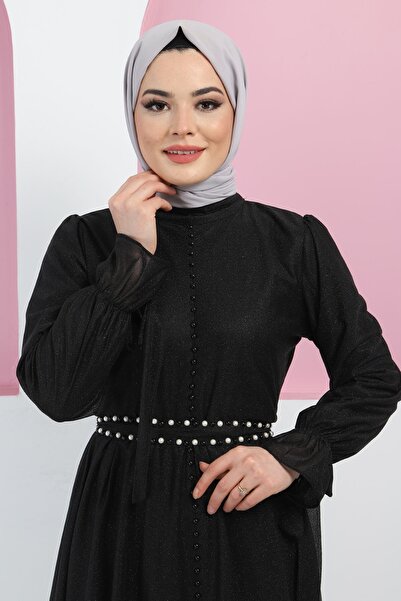 Modamihram Rochie de seară cu sclipici cu perle Negru 13700