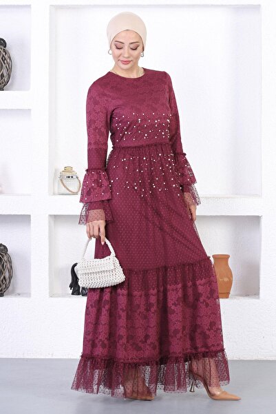 Modamihram İncili Dantelli Volan Kol Abiye Bordo 12213