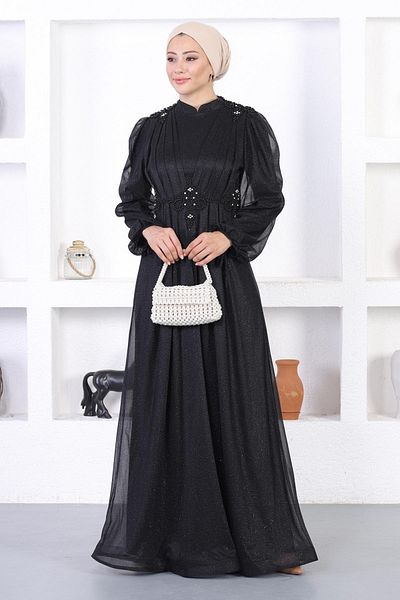 Modamihram Pearl Lace Glitter Evening Dress Black 12252
