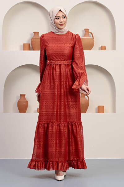 Modamihram Перлинна деталізована мереживна сукня-футляр, колір черепиця 12239