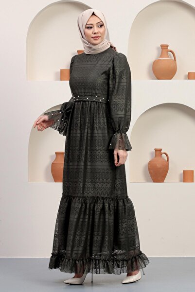 Modamihram Вечерна рокля с перлена дантела, цвят каки 12239