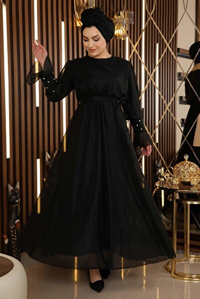 Modamihram Taş Detaylı Simli Şifon Abiye Siyah 19113