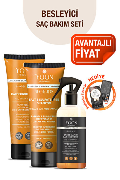 YOON 3'lü Besleyici Saç Bakım Seti, Tuzsuz Şampuan 250ml, Saç Bakım Kremi 200...
