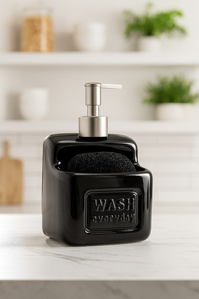 Stylish and Practical Soap Dispenser/Detergent with Ceramic Sponge, Black, 500 ml