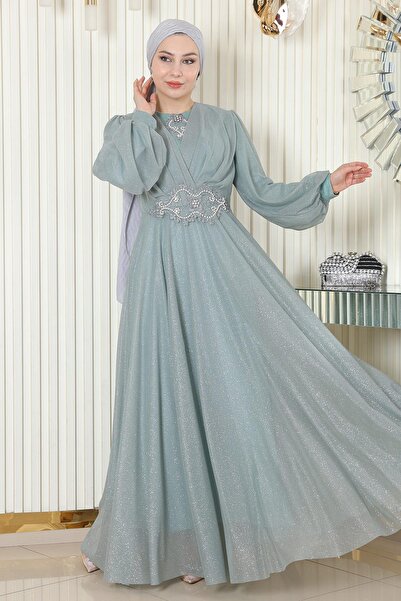 Modamihram Блестяща драпирана вечерна рокля с перлени детайли 19189