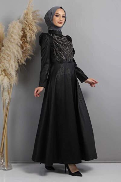 Modamihram Stoned Burning Patterned Abendkleid Schwarz 11404