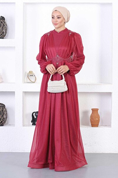 Modamihram Perly Ruched Glitter večerní šaty Burgundy 12252