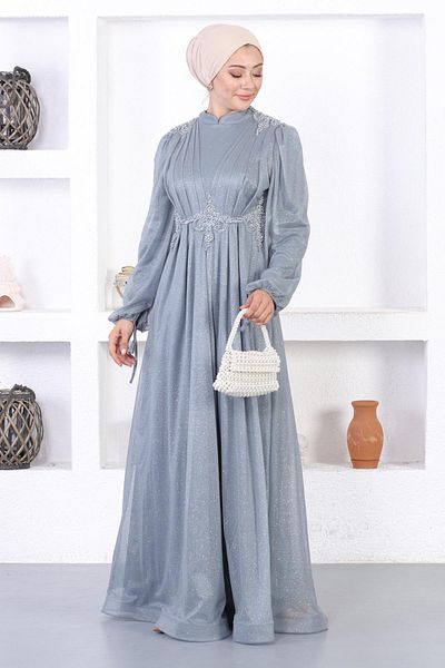 Modamihram Pearl Lace Glitter Evening Dress Gray 12252