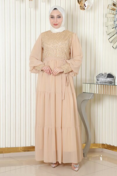 Modamihram Βραδινό φόρεμα σιφόν με παγιέτες χρυσό 19187