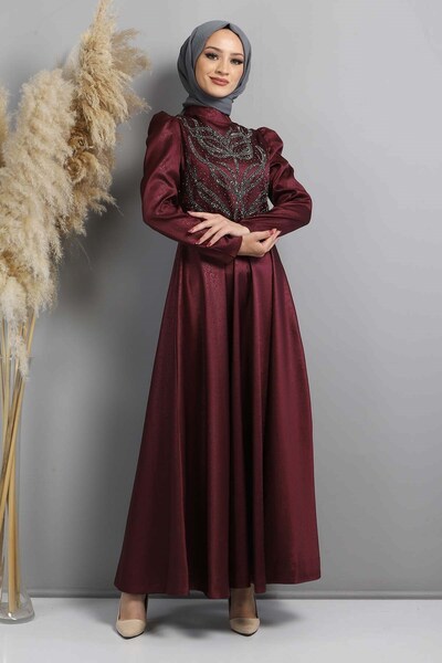 Modamihram Abendkleid mit Steinmuster, Pflaume 11404