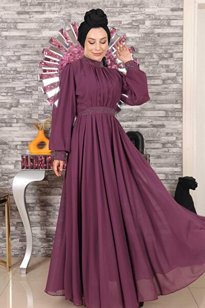Modamihram Stone Detailed Chiffon Evening Dress Plum 19109