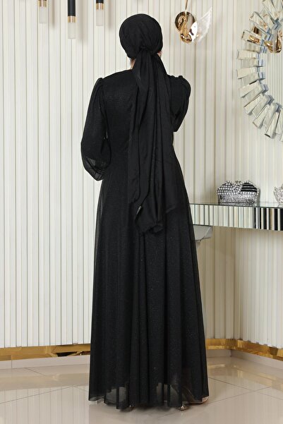 Modamihram İnci Detaylı Drapeli Simli Abiye Siyah 19189