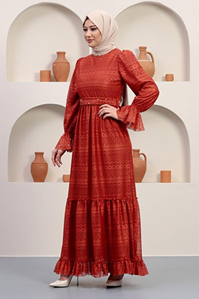 Modamihram Перлинна деталізована мереживна сукня-футляр, колір черепиця 12239