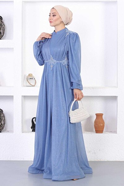 Modamihram Βραδινό φόρεμα με πέρλες και γκλίτερ μπλε 12252