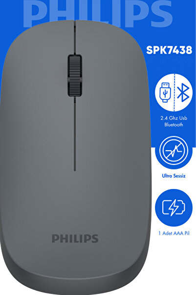 Philips Spk7438 Kablosuz Mouse Bluetooth Mouse Çift Mod 3tuşlu Sessiz Mouse Gri Pil Dahil Resmi Distribütör