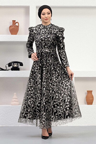 Modamihram Stoned Tulle Evening Dress Black 12241