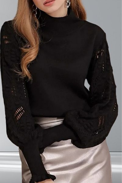 hanope Tricotaj de damă cu mâneci Pulover negru cu detaliu tricot elegant