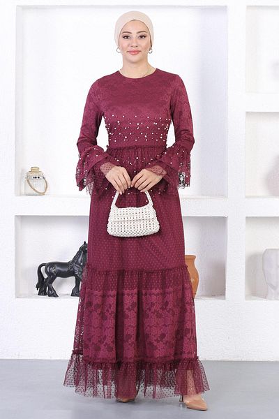 Modamihram Pearl Lace Flounce Sleeve Evening Dress Burgundy 12213