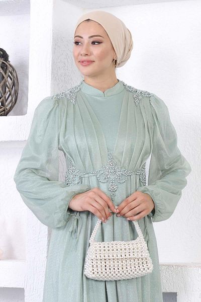 Modamihram فستان سهرة من الدانتيل اللؤلؤي اللامع بالنعناع 12252