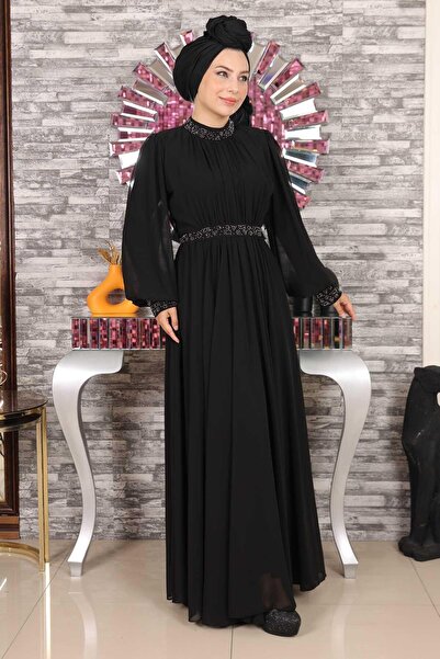 Modamihram Βραδινό φόρεμα από πέτρινο σιφόν μαύρο 19109