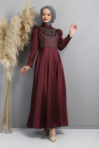 Modamihram Abendkleid mit Steinmuster, Pflaume 11404