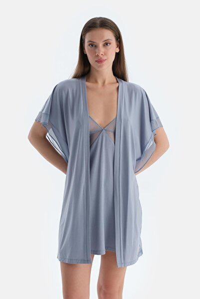 Dagi Ice Blue Lace Detailed Dressing Gown
