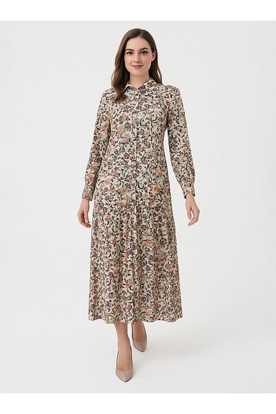 ALİA Rochie Plus Size cu Motiv Floral cu Tesatura Naturala - Roz - Alia