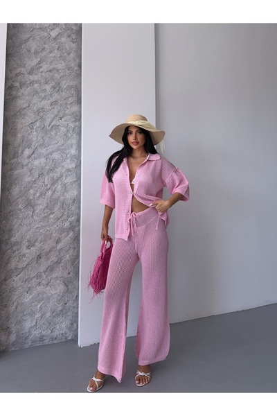 erki triko Openwork Shirt Collar Pareo Bottom-Top Knitwear Set