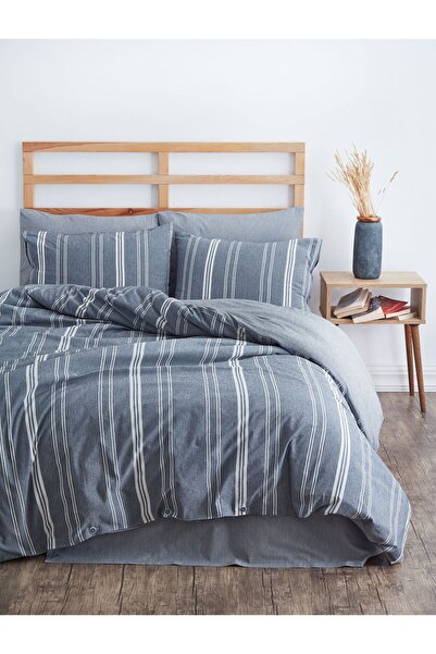 çeyizline Set de lenjerie de pat cu dungi naturale dublu Indigo Organic (4 bu...