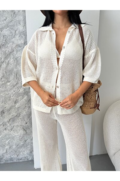 erki triko Openwork Shirt Collar Pareo Bottom-Top Knitwear Set