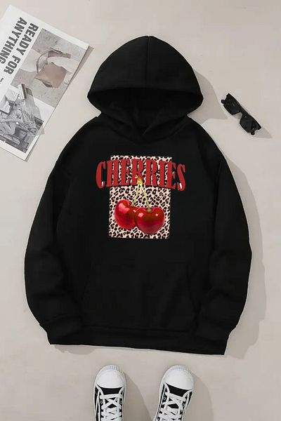 CLAYES Hanorac negru unisex cu glugă – imprimeu leopard cireș, țesătură groasă