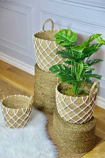 SepetçiBaba Natelie - 3'lü Hasır Makromeli Sele Saksılık Seti Beyaz - 67