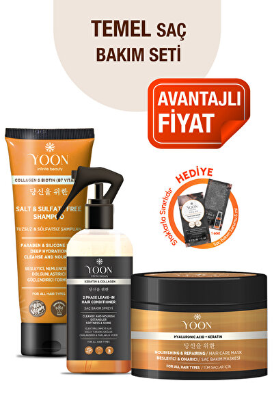 YOON 3'lü Onarıcı Saç Bakım Seti, Tuzsuz Şampuan 250ml, Saç Bakım Spreyi 250m...