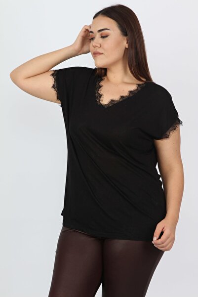 Şans Women's Large Size Black Lace Detailed Blouse 65n13235