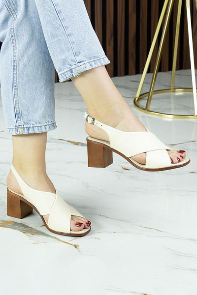 Erkan Saçmacı Soleil Beige Genuine Calfskin Cross Strap Thick Heeled Comfortable Daily Sandals